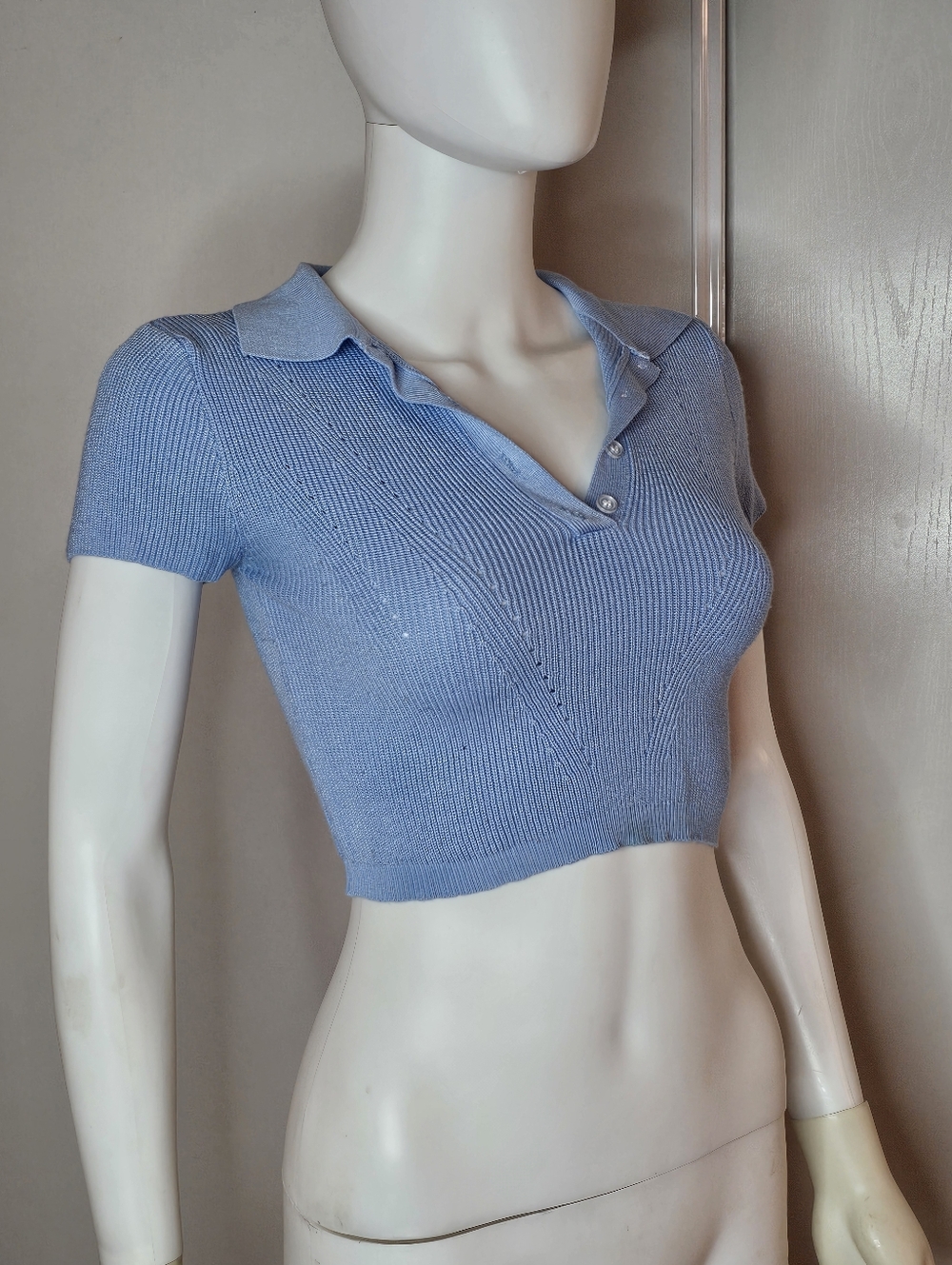Rihoas Light Blue Knit Polo Crop Top Size S Baby Blue